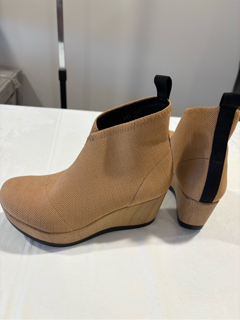 Tan Wedge Ankle Boots with Pull Tab